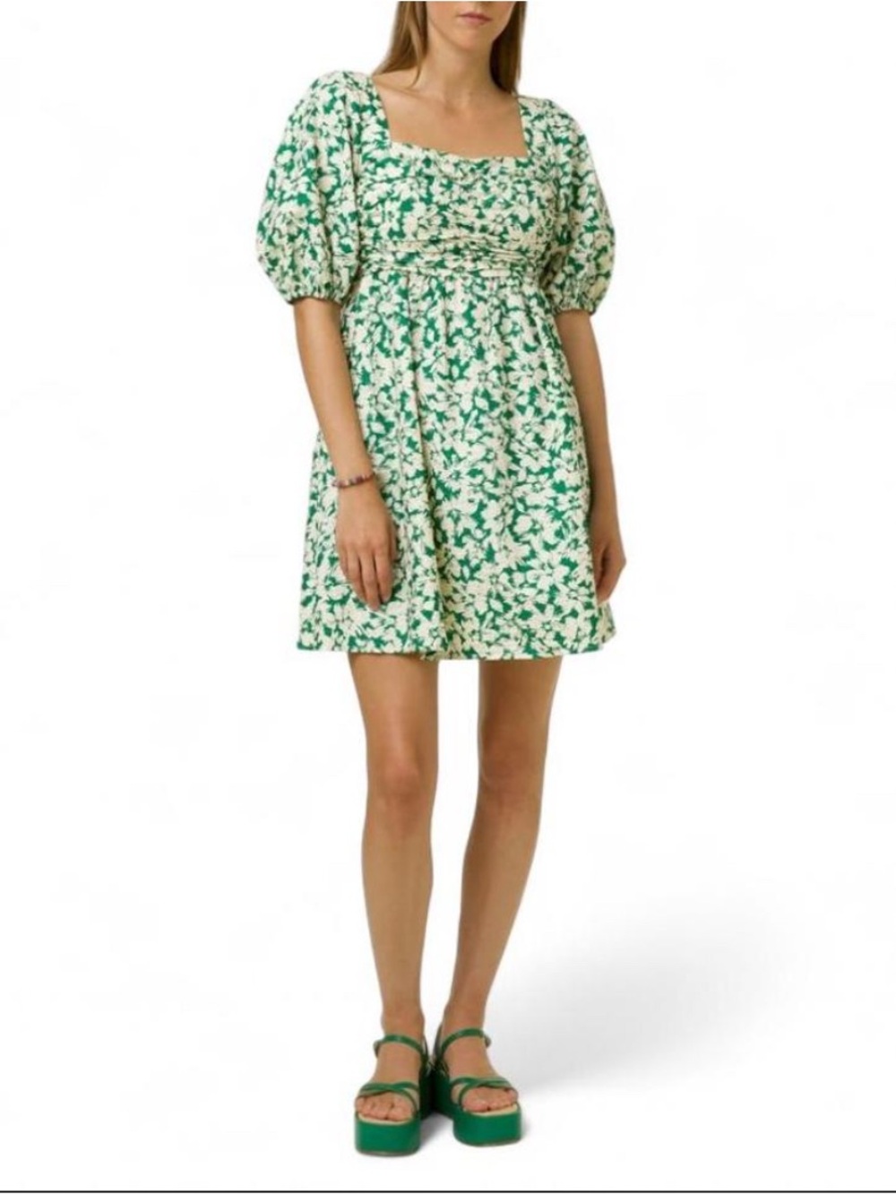 FRNCH Paris Emy Green Floral Cotton Puff Sleeve Mini Dress - Size L